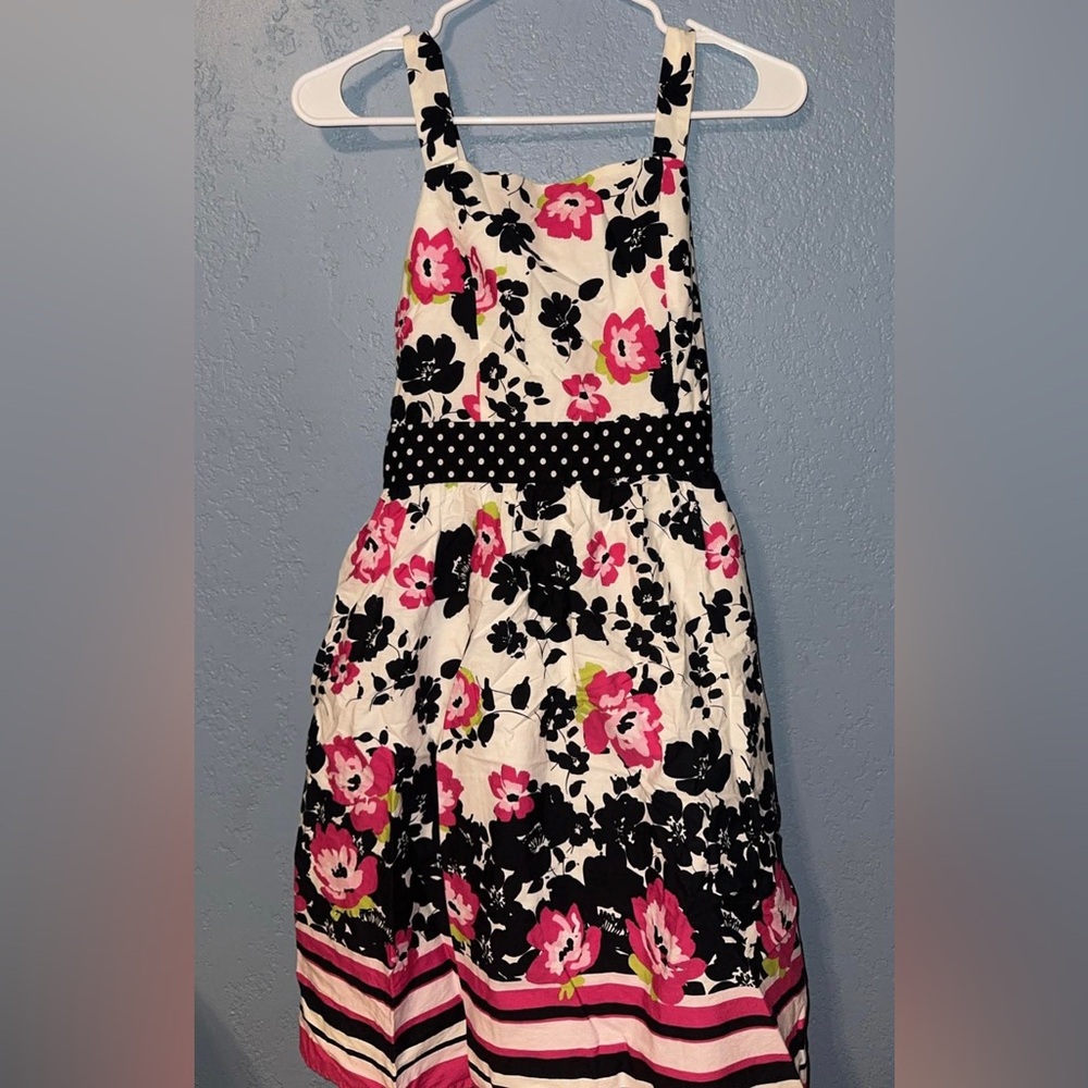Girls Pink & Black Floral Sundress with Polka Dot Waistband